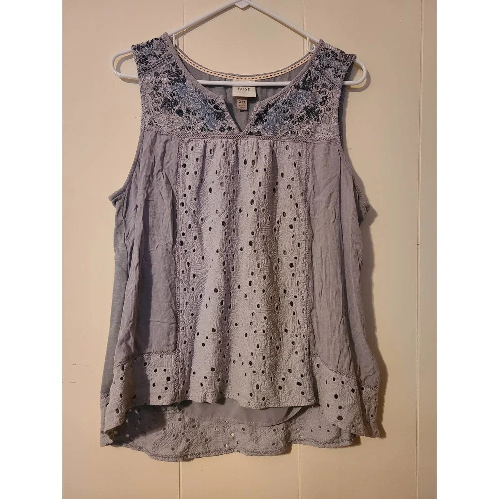 Rose Blouse Top Women's 2XL Sleeveless Henley Embroidered Laced Stylish (GG)